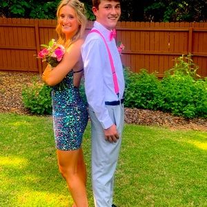 Teal and pink multi colored sequined dress for homecoming or prom. Size 2